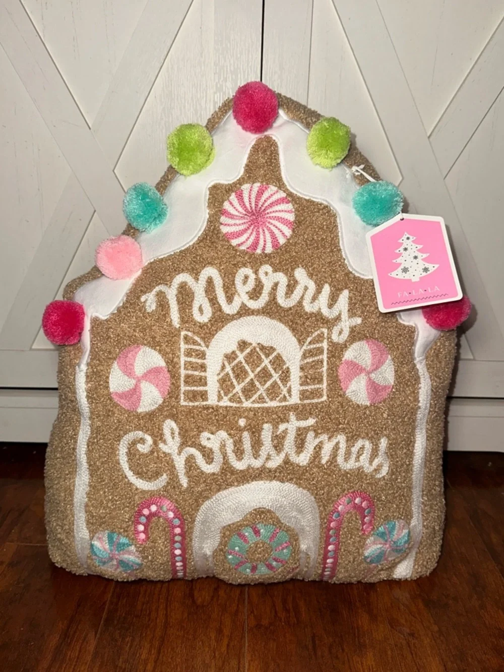Pastel Gingerbread House “Merry Christmas” Decorative Pillow